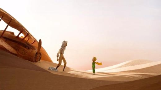 The Little Prince meets a pilot in a desert